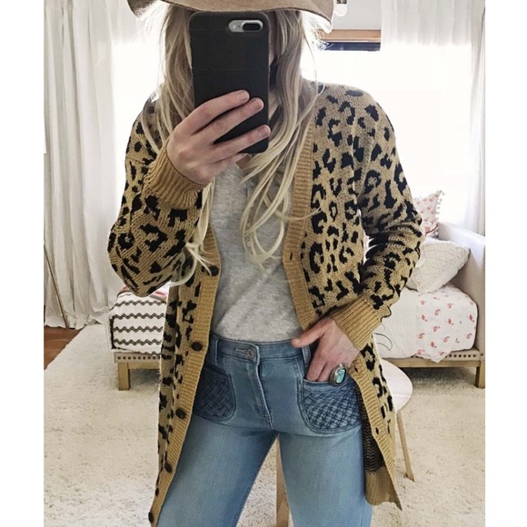 Sweaters | Mustard Leopard Print Button 